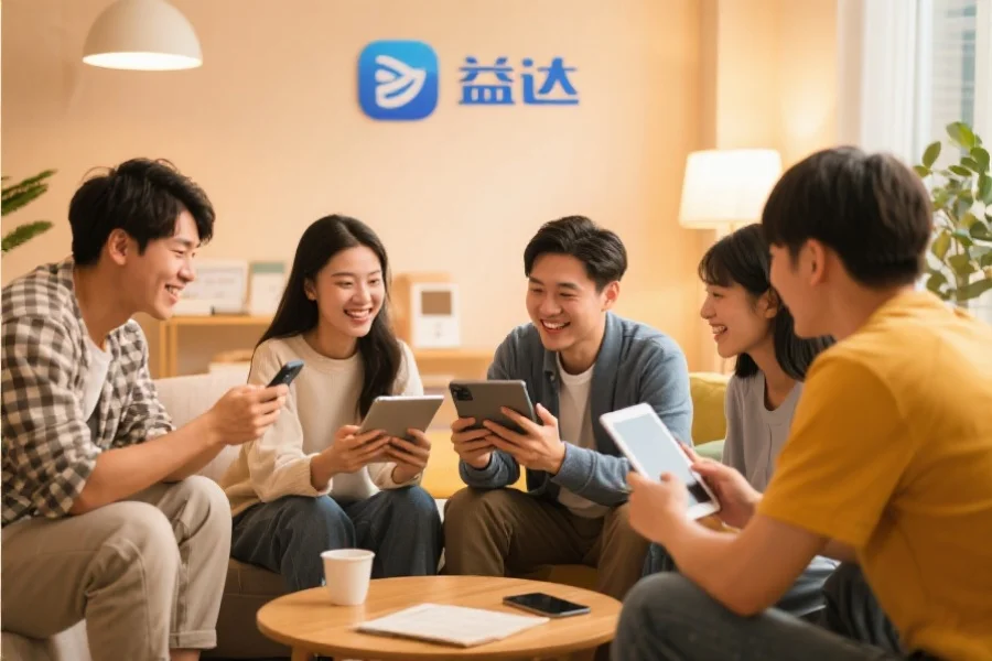 一群年轻用户围坐在一起，使用平板和手机愉快地交流，背景温馨现代，象征安信14应用的社区活跃氛围